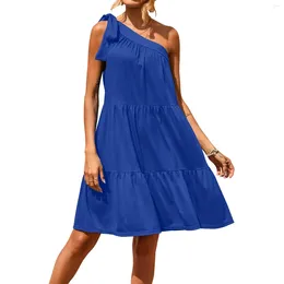 Casual Dresses Women's Summer Dress Solid Tie Bow Knot One Shoulder Mini Sleeveless Ruffle A Line Vestidos High Waist