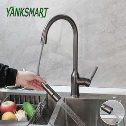 Kitchen Faucets YANKSMART Gun Grey Basin Sink Faucet Pull Out Brass 360 Swivel Sprayer Deck Mounted Cold Mixer Water Tap