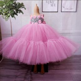 2024 Pink Flower Girl Dresses Children Birthday Dress Illusion Sheer Neck Appliqued Beads Lace Rhinestones Tiered Tulle Princess Ball Gown For Marriage F115