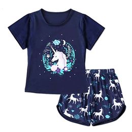 New Sleepwear Unicorn Cotton Pamas for Girls Short Pants+Sleeve Tops Suits Summer Fashion Home Clothing Baby Kid Sleep Costume L2405