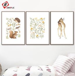 Paintings Nursery Woodland Wall Art Squirrel Deer Canvas Painting Flower Posters And Prints Little Forest Animals Pictures For Liv4721138