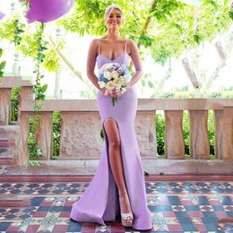 Graceful Lavender Satin Spaghetti Straps Neckline Floor-length Mermaid Bridesmaid Dresses With Charming Belt Slit Sheath Prom Party Dre 226D