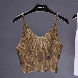 Women's Tanks 2024 Spring/summer Style Shiny Beads Half Short Hollow Knit Halter Vest With Bare Waist All Matching Top