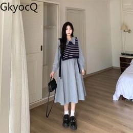 Work Dresses GkyocQ 2024 Fall Women Two Piece Sets Striped Knit Sweater Vest Lapel Collar Long Sleeve High Waist A Line