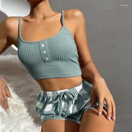 Home Clothing Women's Summer Casual Crop Solid Cami Top And Plaid Elastic Shorts Loungewear Sleeveless Pyjama Set Comfort Crew Neck