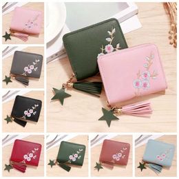 Purse Plum Blossom Embroidery Small Wallet Ladies Mini Tassel Wallet Cute Girl Short Zipper Lovely Pu Leather Coin Purse Card Holder Y240524