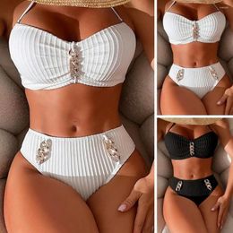 Women's Swimwear 2Pcs/Set Women Sexy Bikini Set Rhinestone Inlaid Chain Decor Halter Bra High Waist Briefs Quick Drying Beachwear