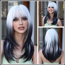 Synthetic Wigs Element synthetic medium to long layer Ombre white to black wig with bangs suitable for women daily party hair heat-resistant Q240523