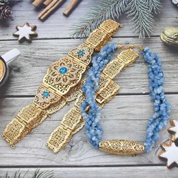 Waist Chain Belts Sunspicems Light Blue Moroccan Belt Womens Multi layered Stone Chain Necklace Caftan Belt Jewellery Algerian Bride Jewellery Set Q240523