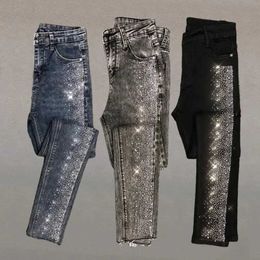 Women's Jeans Fashionable rhinestone jeans for womens spring/summer 2024 new Korean version high waisted ultra-thin elastic leg pants pencil pants Q240523