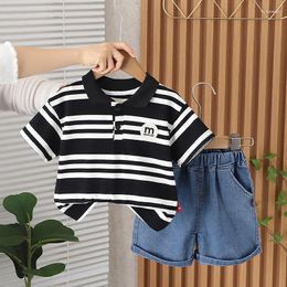 Clothing Sets Kids Baby Boy 2 Piece Set 2024 Summer Striped Turn-down Collar Short Sleeve T-shirts Tops And Shorts Infant Boys Clothes