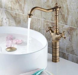 Kitchen Faucets Vintage Retro Antique Brass Dual Cross Handles Bathroom Basin Sink Faucet Mixer Tap Swivel Spout Deck Mounted Msf081