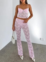 Women's Floral Lace See-through Outfit Low-cut Backless Camisole With Low Waist Pants Summer Sheer Sets