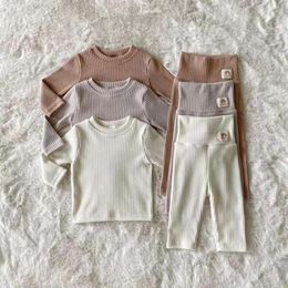 Nya Baby Solid Long Sleeve Clothes Set Infant Pamas Tops + High Midist Pants 2st Suit Spring Cotton Toddler Outfits L2405