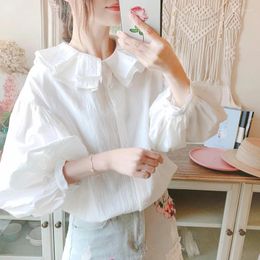 Women's Blouses Autumn Ruffled Lantern Sleeve Loose Wide Cotton Linen White Shirt Women Tops Mori Girl Cute Casual Bottoming Camisa Mujer