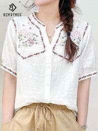 Women's Blouses Spring Cotton Embroidery Shirt Women V Neck Short Sleeve Retro Tops Girl Loose Casual Commute 2024 Autumn T44768QC