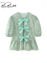 Women's Blouses BlingBlingee Summer Puff Sleeve Bow Tied Women Printed Short Blouse Patchwork Hollow Out Peplum Shirt Female Crop Top