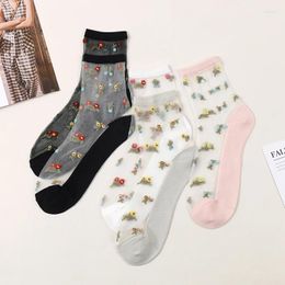 Women Socks Dong Ai Summer Breathable Ultra Thin Transparent Lace Silk Crystal Rose Flower Girls Elastic Short Female Sox