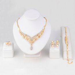 4 Pieces Gold Wedding Jewellery Water Drop Crystal Collarbone Chain Necklace Set Bridal Jewellery Pearls Luxury Bracelets Necklace & Earing 252u