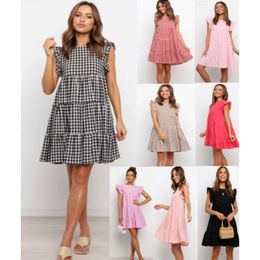 Summer Ruffle Maternity Plaid Women O Neck Casual Loose Dresses Butterfly Sleeve Short Dress Pregnancy Clothes L2405
