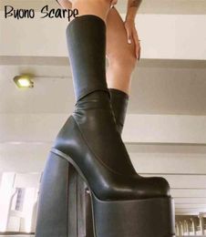 Punk Style Platform Boots Elastic Microfiber Shoes Woman Spice Ankle Boots High Heels Black Thick Platform Long Knee High Boots 924134515
