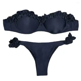 Women's Swimwear Women Stylish Ruffle Trim Bandeau Bikini Set For Push Up Swimsuit With Mid-rise Split Design Sexy Thong Brazilian