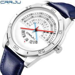 CRRJU TOP band luxury Sports leather Watches Men's casual quartz calendar Clock Army Military Wrist Watch Relogio Masculino 256m