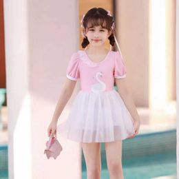 One-Pieces One-Pieces A swimsuit suitable for children cute swan lace skirt hot spring swimsuit for children aged 3 to 6 pink baby girl new WX5.23