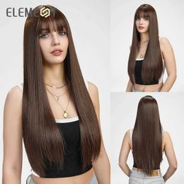 Synthetic Wigs Element synthetic long straight dark brown hair wig with bangs suitable for womens daily use in party role-playing heat-resistant and natural Q240523