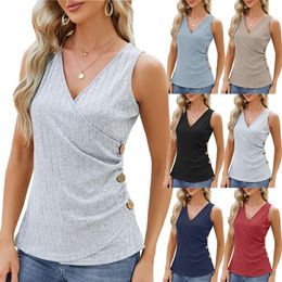 New Summer Solid Color V Neck Button Waistband Sleeveless Tank Top For Women