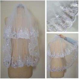 Free Shipping In Stock White Ivory Two Layer Short Bridal Veil with Comb with Lace Appliques and Sequins Wedding Accessories mo69 266N