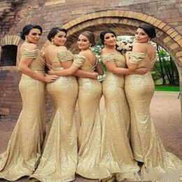 Off the Shoulder Gold Sequined Mermaid Bridesmaid Dresses For Weddings Ruched Wedding Guest Dresses Maid Of Honour Evening Gowns Custom 229y