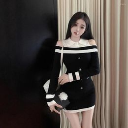 Casual Dresses Korean Sweet Sweater Dress Girl Off Shoulder Long Sleeve Knitted Mini Women's Autumn Spliced Sexy Wrapped Hip