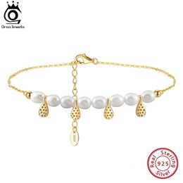 ORSA JEWELS 925 Sterling Silver Natural Pearl with Charm Chain Anklet for Women Girls Adjustable Foot Ankle Straps Jewellery SA65 240524