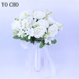 Wedding Flowers YO CHO Bridal Bridesmaid Bouquets White Beige Silk Roses Artificial Bride Mariage Bouquet Accessories
