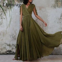 Casual Dresses Chic Summer Deep V-neck Hem Maxi Dress Women Solid Waist Party Sexy Elegant Slit Rope Beach Vocation