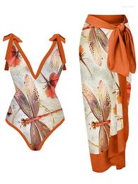 Women's Swimwear 2024 Trend Orange Insect Dragonfly Print Deep V Chic Seaside Holiday Swim Swimsuit With Long Strappy Cover Up