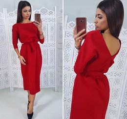 Women Casual Sashes Straight Dress Ladies Long Sleeve o Neck Elegant Office Work Solid Sexy 2019 Autumn Spring Loose Midi Dress2091029