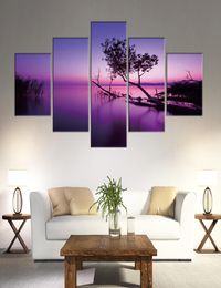 5 Panel Canvas Painting Wall Art Framework Prints Purple Sky Scenery Tree Picture Poster For Home Decor3801114
