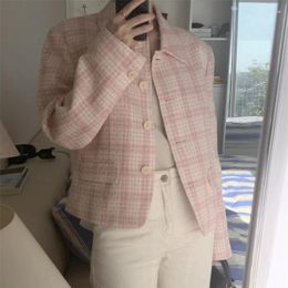 Women's Jackets Autumn Style Tweed Plaid Top Loose Lapel Pink Coat For Women