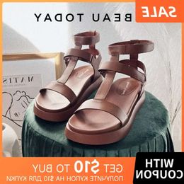 495 Gladiator Beautoday Sandals Women Calfskin Leather Open Toe T-Bar Strap Hook Loop Summer Ladies Shoes Handmade 6cd