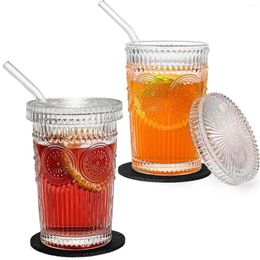 Mugs Transparent Stripe Glass Water Cup Cute Straw Household Vintage Glassware Suitable For Drinking Smoothie