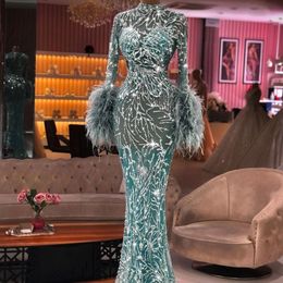 2022 Sparkle Mermaid Evening Dress Sheer Long Sleeve Prom Gowns Feathers Illusion Sequin Customise Second Reception Dresses 308f