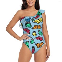 Women's Swimwear Butterfly 3D Print One Shoulder Ruffle Monokinis Asymmetric