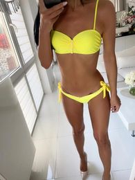 Women's Swimwear Braided Straps Yellow Swimsuits Bathing Swimming Suit For Women Bikinis Underwear Set Bikini Support Solid Push Up S To