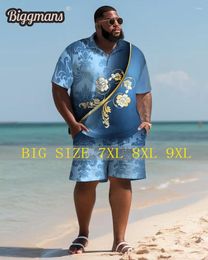 Men's Tracksuits Biggmans (L-9Xl) T-Shirt Set For Clothing Beach Blue Embroidered Print Travel Casual Short Sleeves Plus Big And Tall