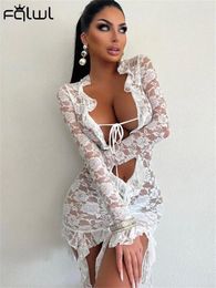 Casual Dresses Habbris White Sexy See Through Lace Mini Dress Party Evening Clothing For Women 2024 Long Sleeve Deep V Neck Booty Short