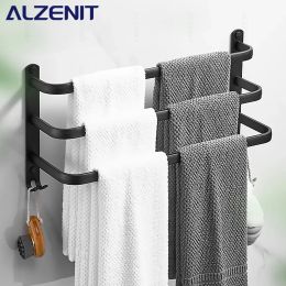 Matte Black Towel Bar 40-60CM Multi-layer Rod Rail With Hook Wall Mount Hanger Aluminum Shower Rack Bathroom Holder Accessories