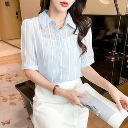 Women's Polos Ladies 2024 Two Piece Set Light Blue Stripe Women Chiffon Shirts Sling Tops Summer Half Sleeve Loose Polo-Neck Casual Blouse