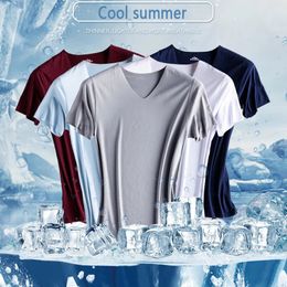 Fashion Summer Seamless Breathable Ice Silk T-Shirt Vest Mens Sports Short Sleeve T-shirt Ice Silk Solid Colour V-neck M-5XL 240524